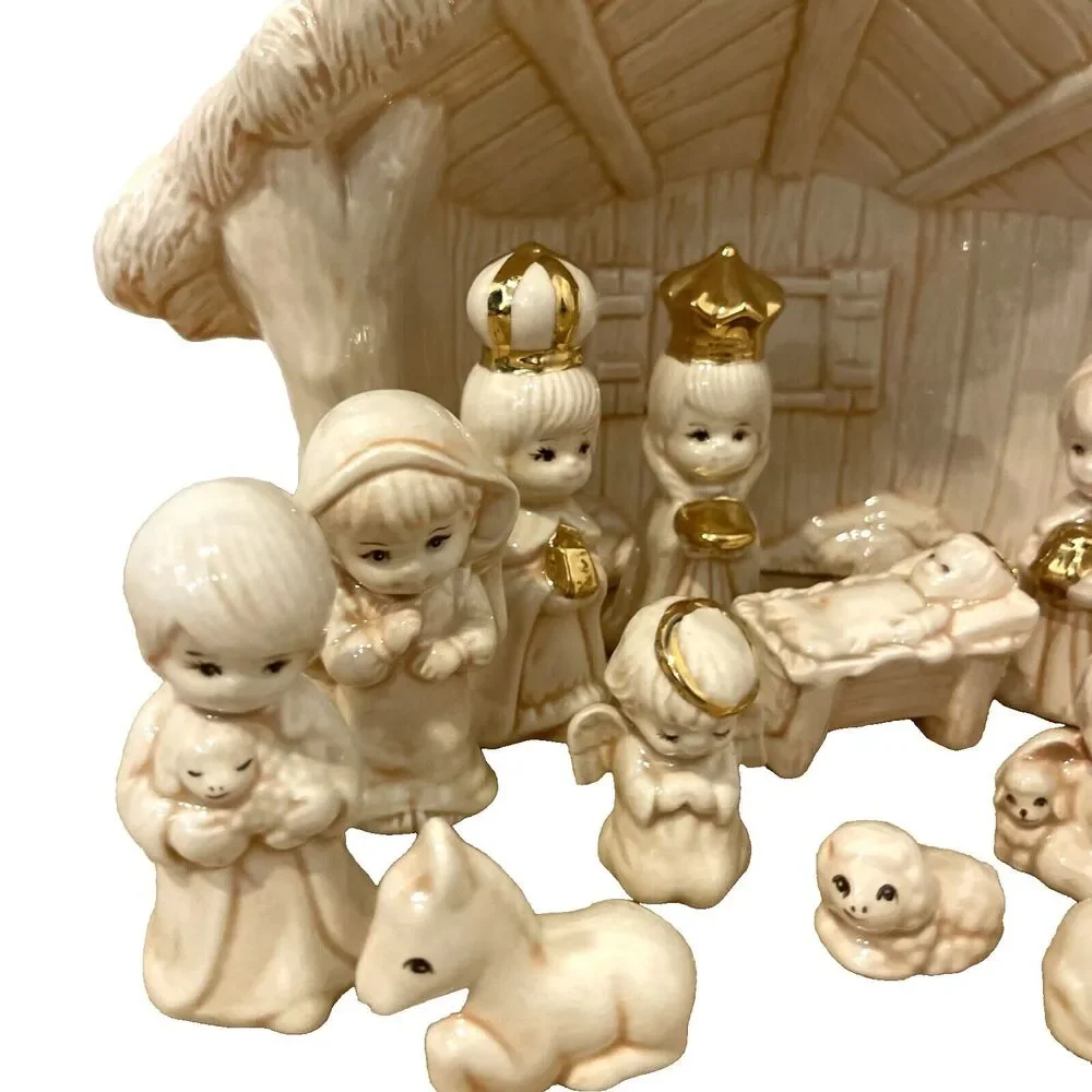 Ceramic Glazed Nativity Scene Christmas Village Holiday Decor 14 Pieces